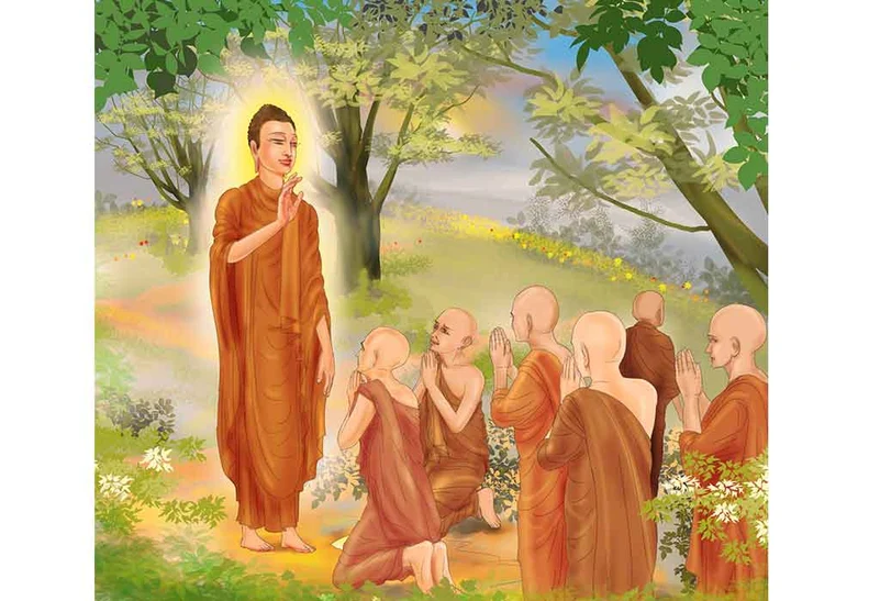 Serene painting of Buddha and disciples in deep contemplation, set against a tranquil backdrop.